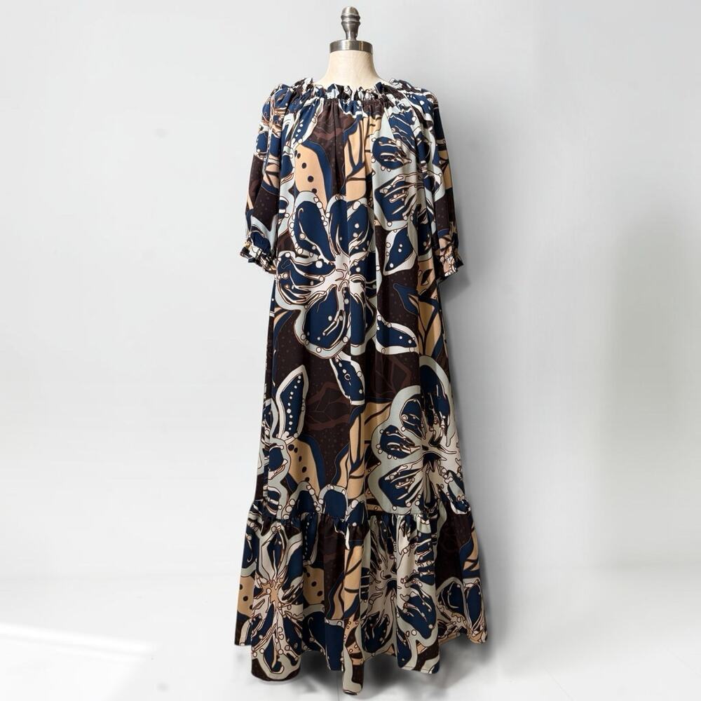 Manuhealiʻi Mahealani Dress Lāʻape Autumn Blue Size Large Pockets